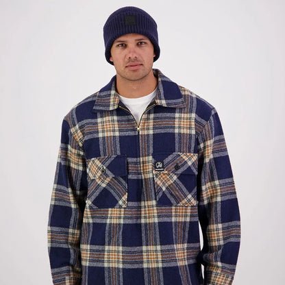 Men’s blue, beige, and brown plaid flannel iconic ranger bush shirt with zip front