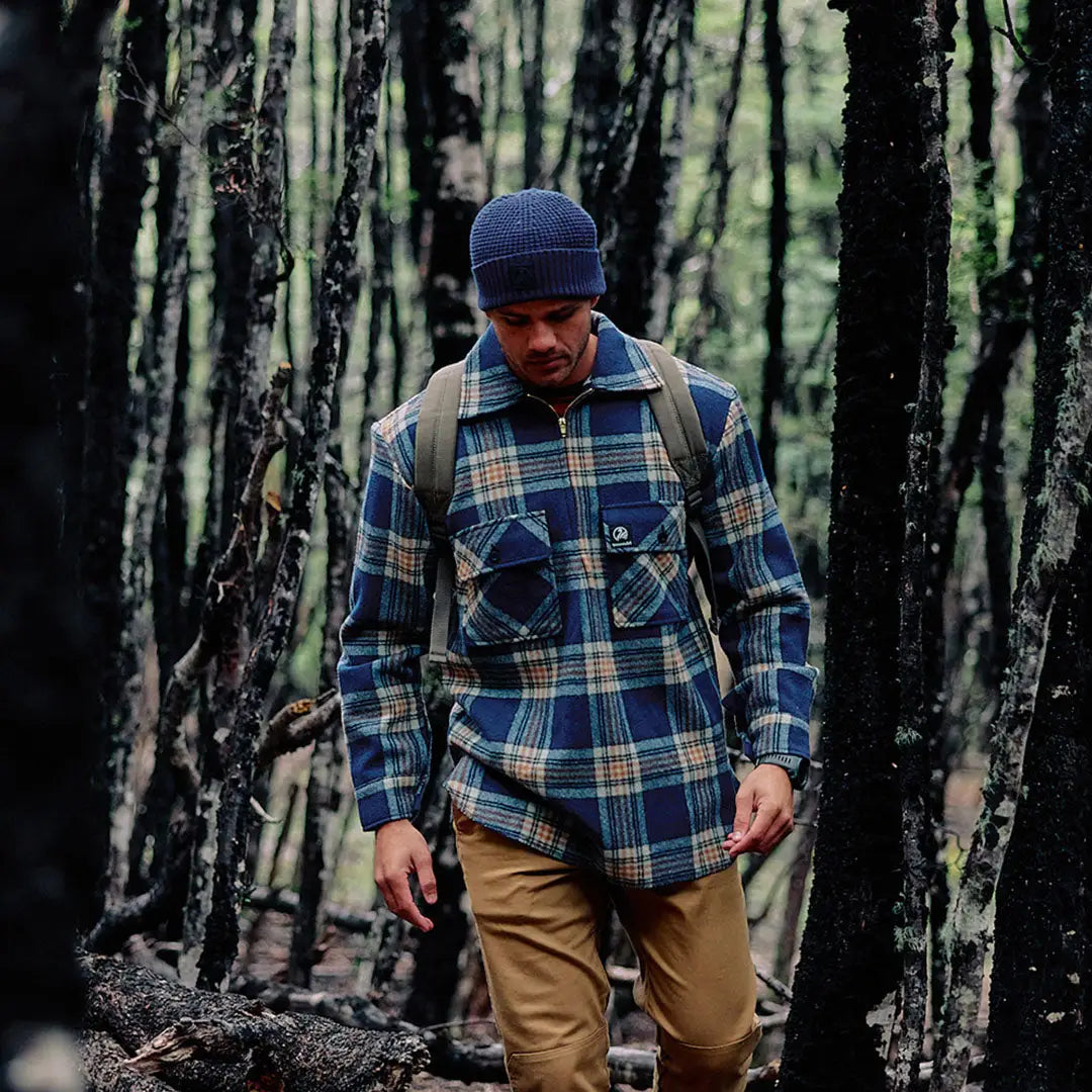 Men’s blue, green, tan plaid wool ranger bush shirt with chest pockets, iconic ranger style