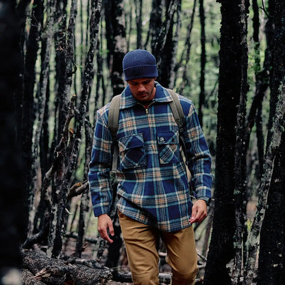Men’s blue, green, tan plaid wool ranger bush shirt with chest pockets, iconic ranger style