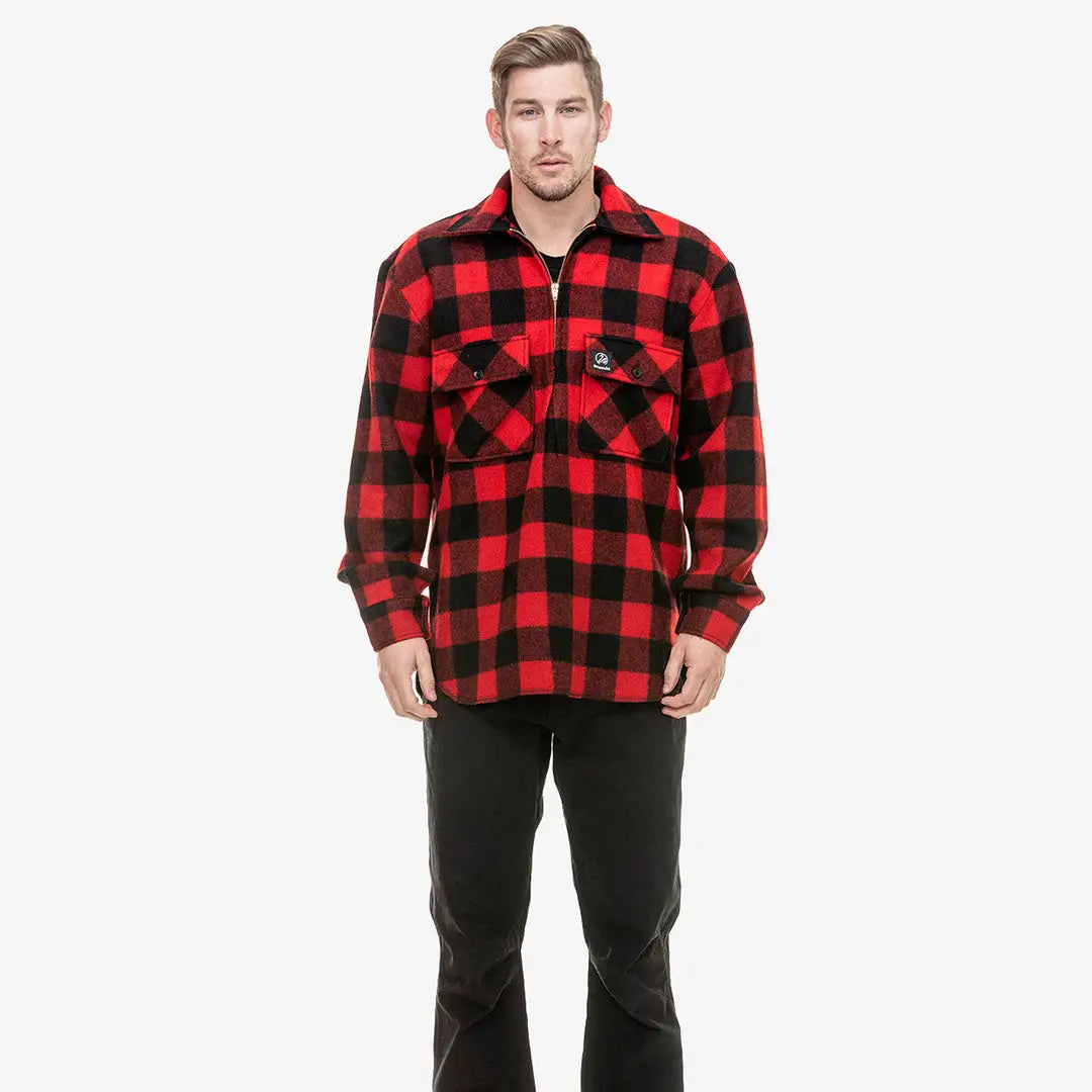 Men’s red and black buffalo plaid Swanndri Ranger Wool Zip Front Bushshirt