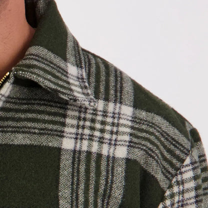 Green and white plaid Swanndri Ranger Wool Zip Front Bushshirt for outdoor wear