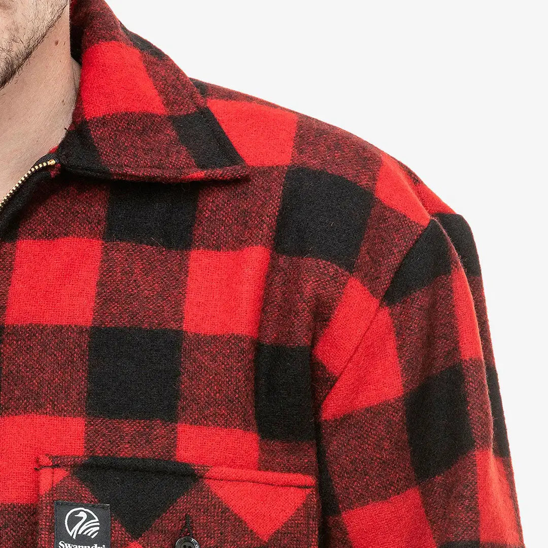 Red and black buffalo plaid flannel shirt from Swanndri Ranger Wool Zip Bushshirt