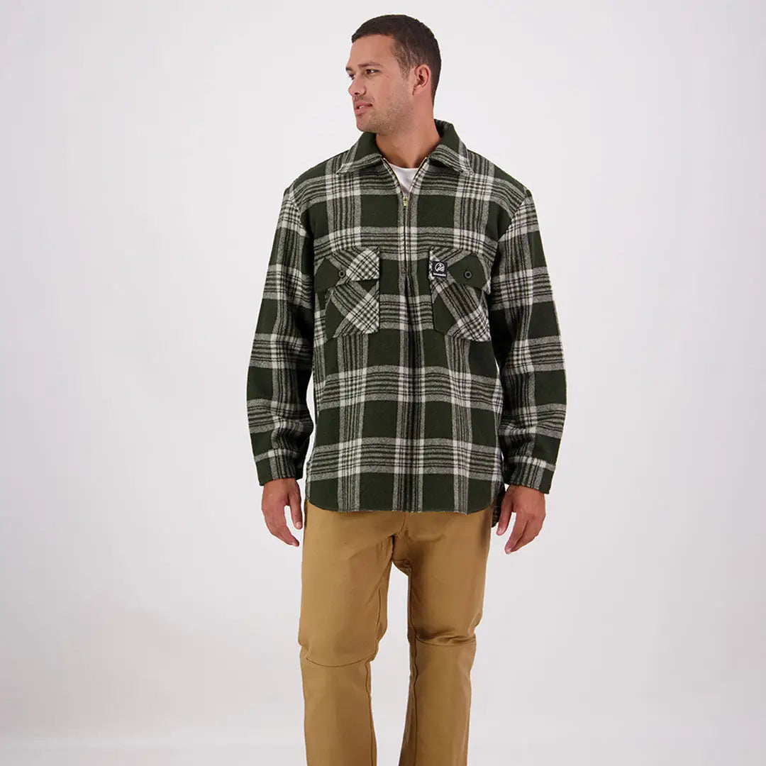 Men’s dark green and white plaid Swanndri Ranger Wool Zip Front Bushshirt in close-up