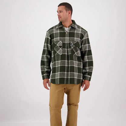 Men’s dark green and white plaid Swanndri Ranger Wool Zip Front Bushshirt in close-up