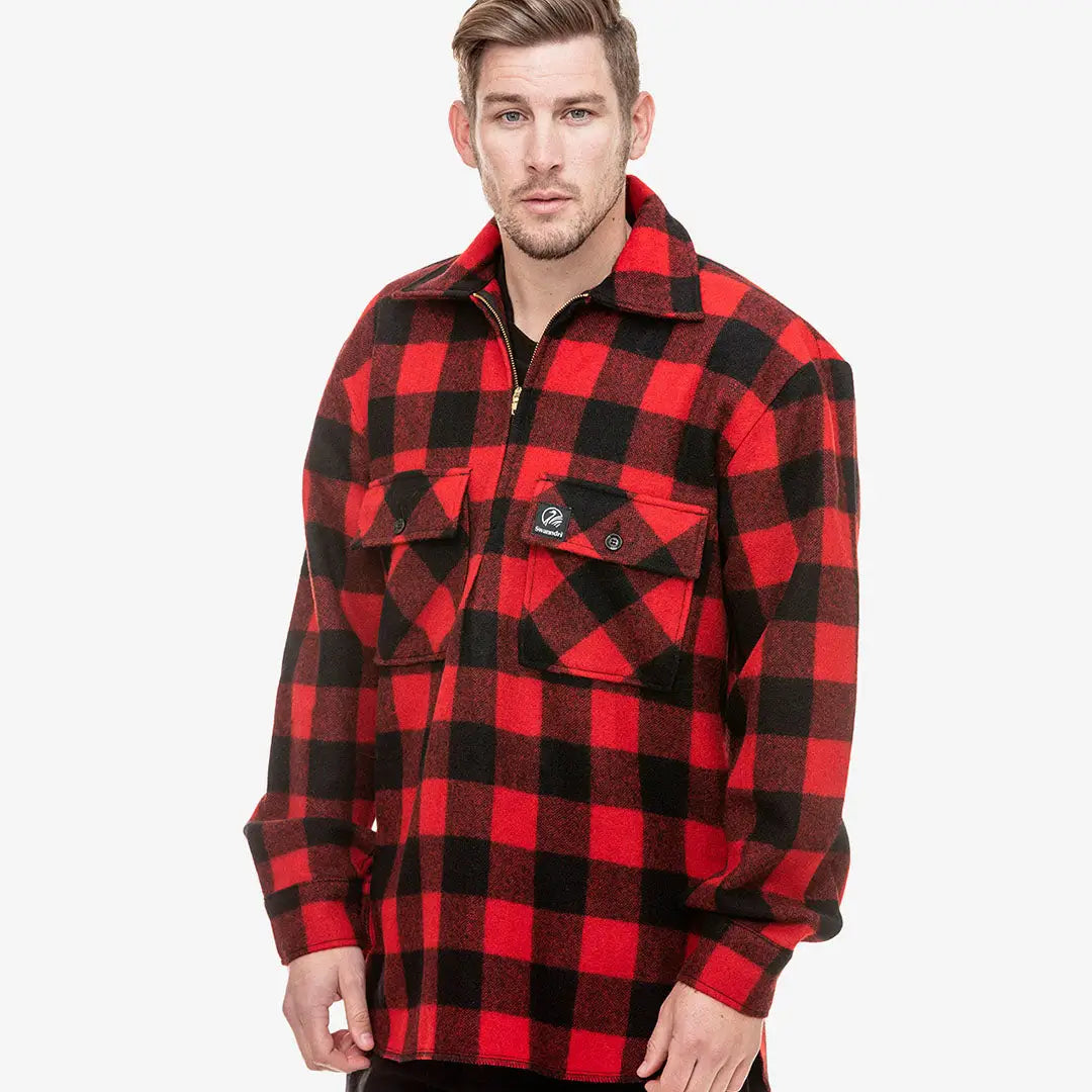 Men’s red and black buffalo plaid Swanndri Ranger Wool zip front bushshirt with chest pockets