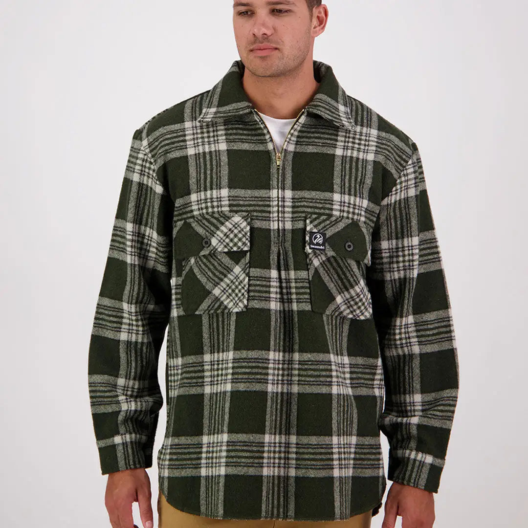 Men’s dark green and white plaid Swanndri Ranger Wool Zip Front Bushshirt with chest pockets