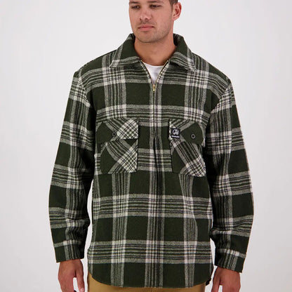 Men’s dark green and white plaid Swanndri Ranger Wool Zip Front Bushshirt with chest pockets