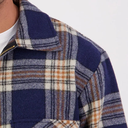 Navy, white, and brown plaid Swanndri Ranger Wool Zip Front Bushshirt, iconic ranger bush style