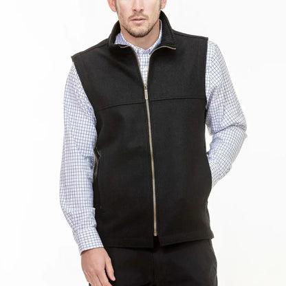 Men’s black Swanndri Saddleback Vest with stand-up collar, perfect for country clothing outdoors
