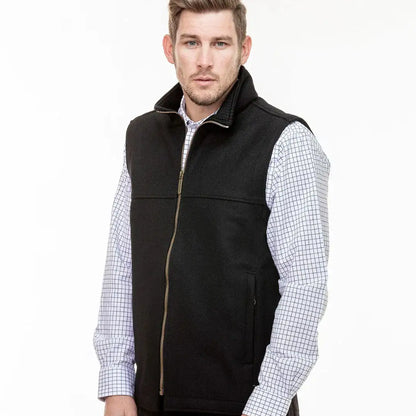Men’s black fleece vest with full zipper over checked shirt, perfect for country clothing outdoors