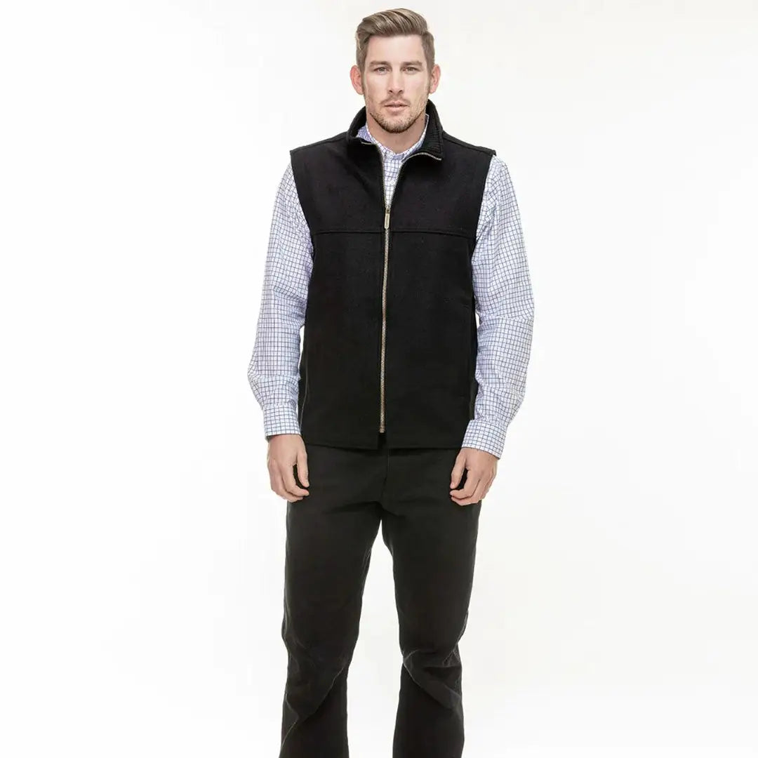 Men’s black full-zip vest with plaid shirt for country clothing and outdoor hunting trips