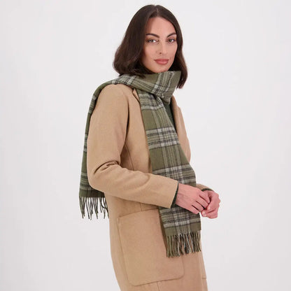 Woman in beige coat and olive green plaid Swanndri Scarfie for country clothing or hunting