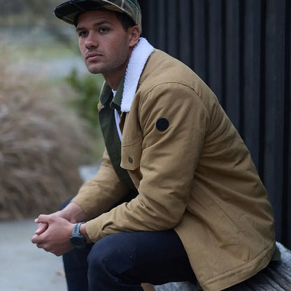 Men’s tan Swanndri Wentworth Valley jacket with white sherpa collar for cozy style