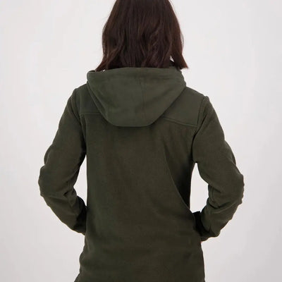 Person in dark green Swanndri Womens High Rock 1/2 Zip Fleece Hoodie outdoors