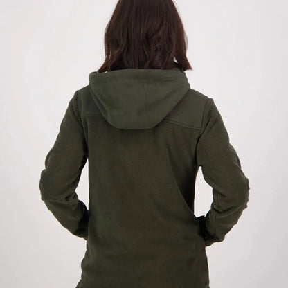 Person in dark green Swanndri Womens High Rock 1/2 Zip Fleece Hoodie outdoors