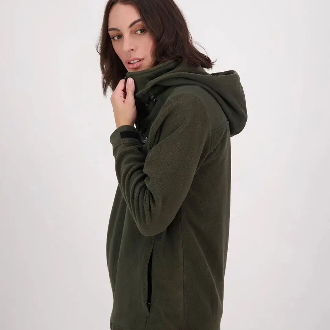 Woman’s dark green Swanndri Womens High Rock fleece hoodie with high collar and water resistance