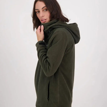 Woman’s dark green Swanndri Womens High Rock fleece hoodie with high collar and water resistance