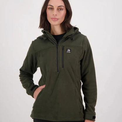 Women’s olive green Swanndri Womens High Rock fleece hoodie with half-zip front