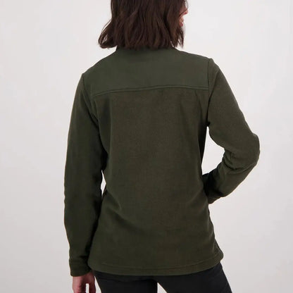 Dark olive green Swanndri Womens High Rock fleece hoodie with long sleeves and seam