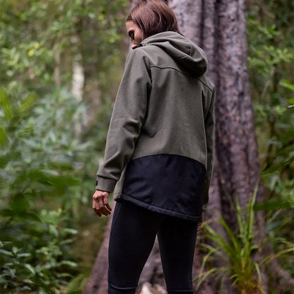 Person in Swanndri Womens High Rock zip water resistant recycled fleece hoodie and black leggings