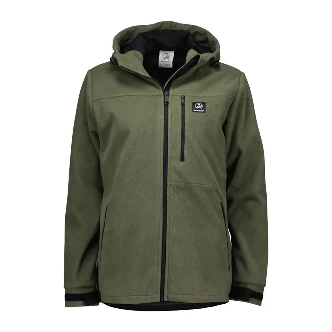 Olive green high rock zip water resistant recycled fleece hoodie with black zippers