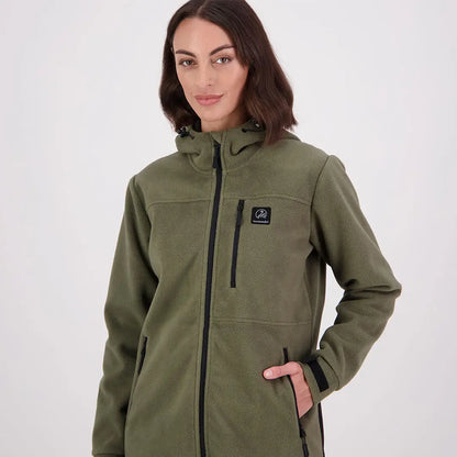 Women’s olive green High Rock zip water resistant recycled fleece hoodie with black trim