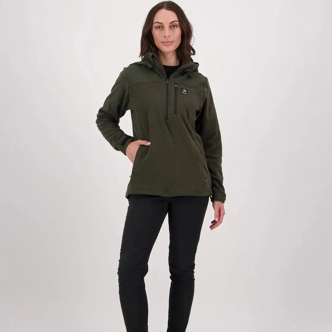 Swanndri Womens High Rock olive green hooded fleece jacket with half-zip and kangaroo pocket