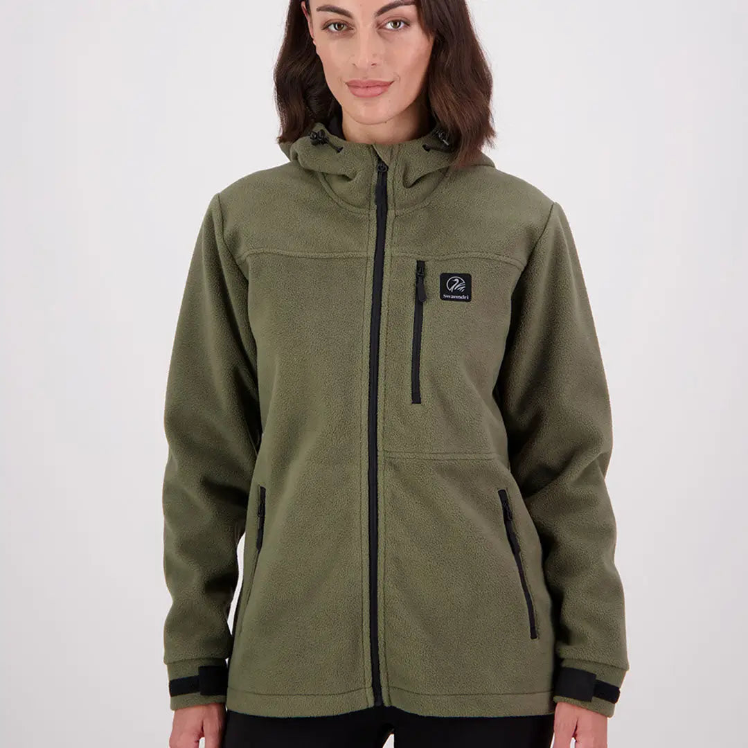 Women’s olive green high rock zip water resistant recycled fleece hoodie Alt text