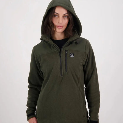 Women’s olive green Swanndri Womens High Rock fleece hoodie with half-zip and front pocket