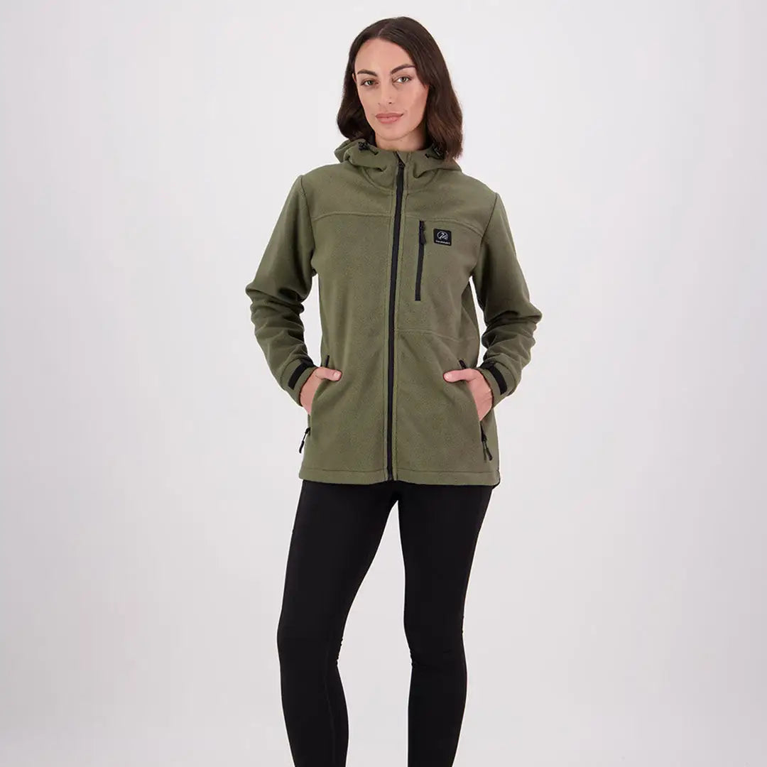 Women’s olive green High Rock zip water resistant recycled fleece hoodie with black trim