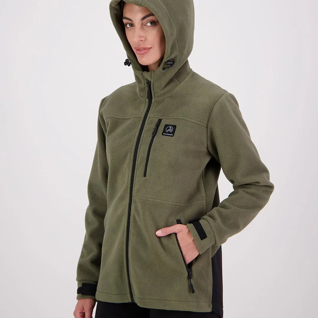 Women’s olive green high rock zip water resistant recycled fleece hoodie with pockets