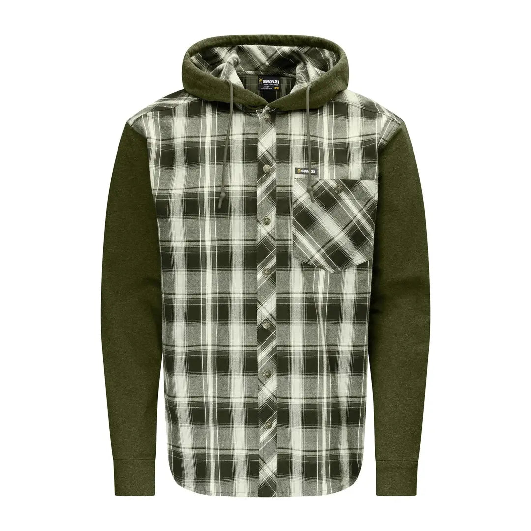 Men’s long-sleeve plaid flannel Swazi Apprentice Hooded Shirt with olive green hood and sleeves