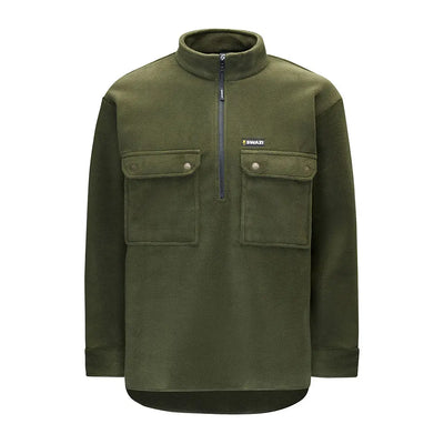 Olive green fleece pullover with chest pockets for back-country hiking or country fishing