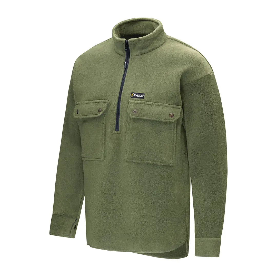 Olive green fleece pullover for back-country hiking and country clothing in the Swazi Back 40 Shirt