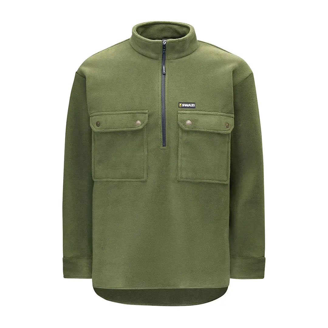 Olive green fleece pullover with chest pockets for back-country hiking or fishing in country clothing