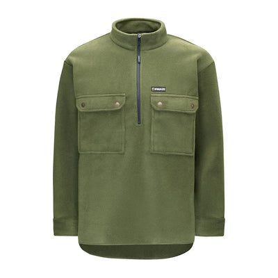 Olive green fleece pullover with chest pockets for back-country hiking or fishing in country clothing