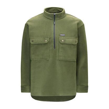 Olive green fleece pullover with chest pockets for back-country hiking or fishing in country clothing