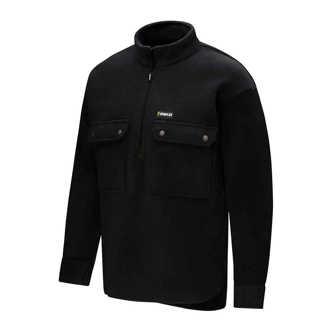 Black fleece pullover with chest pockets perfect for back-country hiking and country clothing