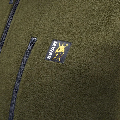Green fleece jacket on Swazi Bush Shirt, perfect for outdoor adventures with Swazi Bush vibe