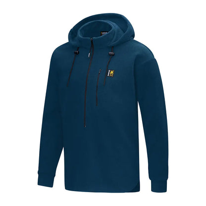 Blue hooded fleece pullover perfect for outdoor enthusiasts with a high collar in Swazi The Hood