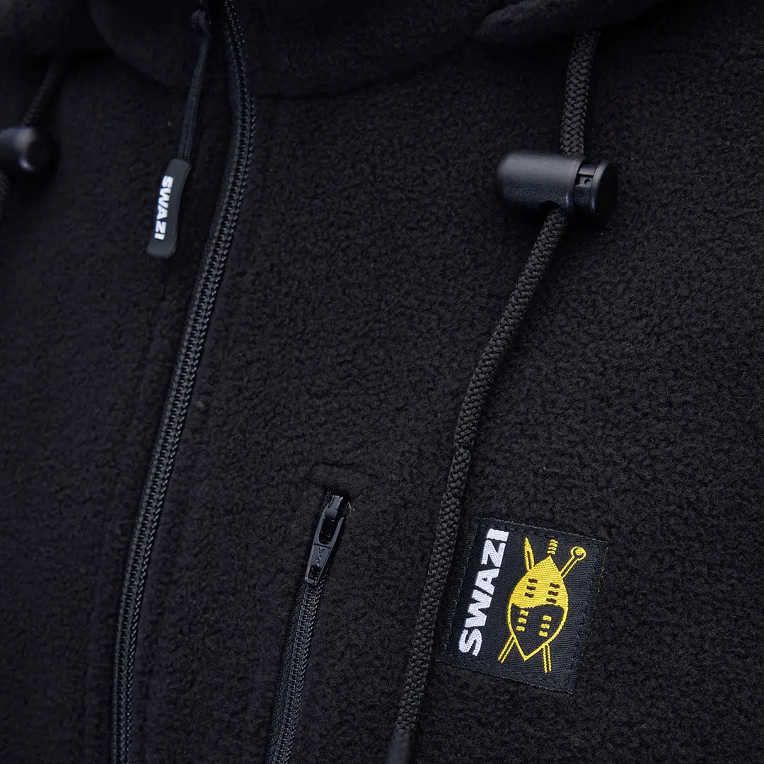 Comfortable black fleece jacket with high collar for country clothing and fleece hood look