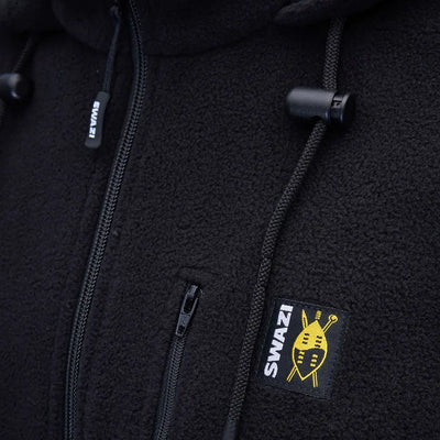 Comfortable black fleece jacket with high collar for country clothing and fleece hood look
