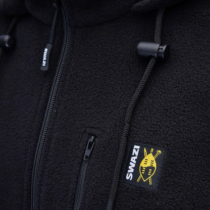 Comfortable black fleece jacket with high collar for country clothing and fleece hood look