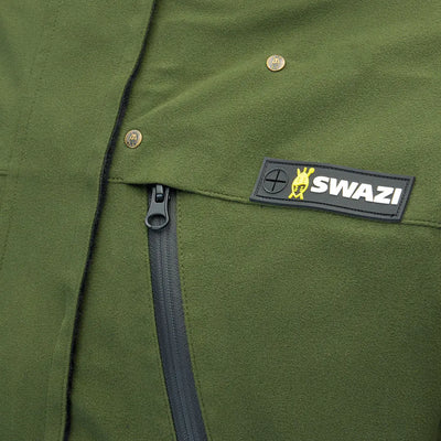 Olive green Swazi Kagoule jacket with zipper and logo made from 3-layer Aegis Knit fabric