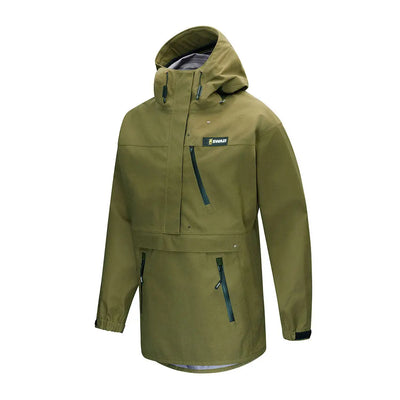Olive green hooded anorak made with 3-layer Aegis Knit fabric for weather protection