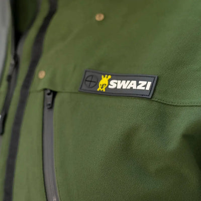 Olive green Swazi Kagoule with a logo patch, made from 3-layer Aegis knit fabric