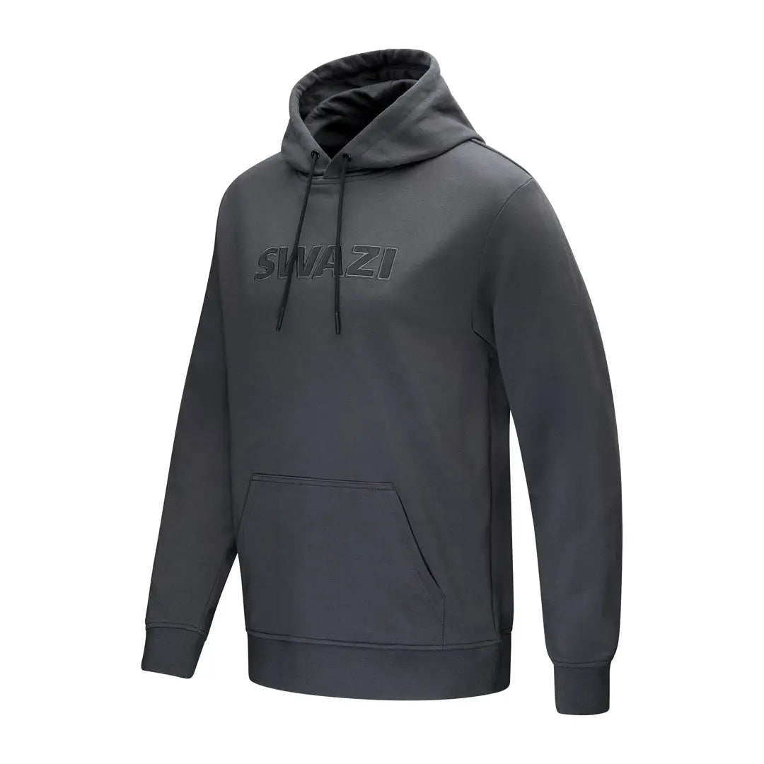 Gray hooded sweatshirt with Swazi applique design and cozy hoodie features