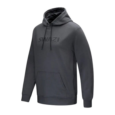 Gray hooded sweatshirt with Swazi applique design and cozy hoodie features