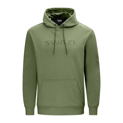 Men’s olive green Swazi Legend Hoody with swazi applique design and hoodie features