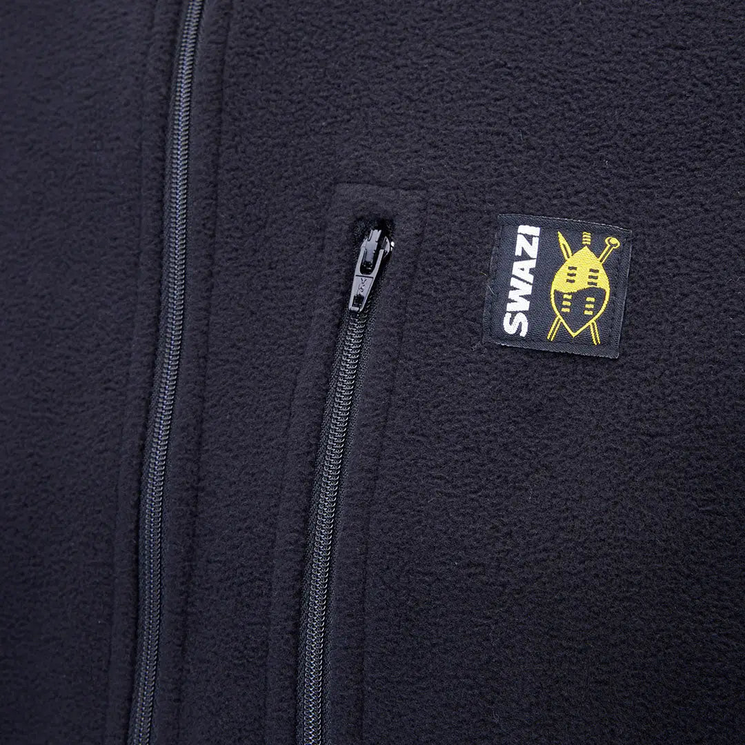 Black fleece jacket with zipper and logo from Swazi Micro Shirt line